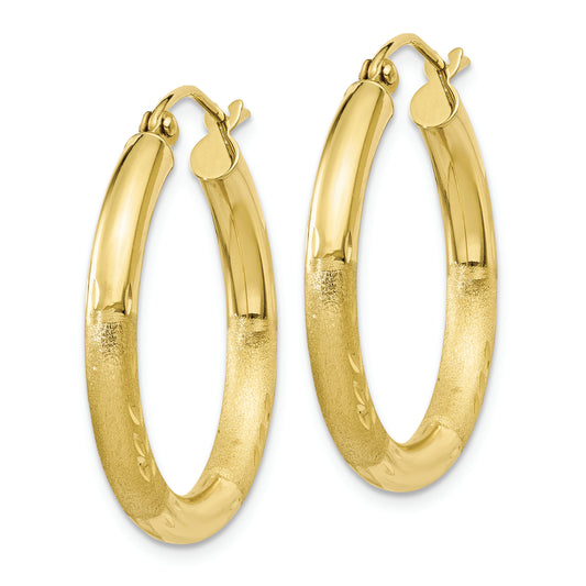 10k Satin & Diamond-cut 3mm Round Hoop Earrings