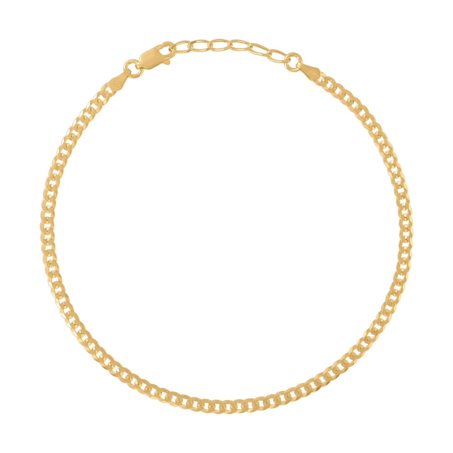 925 Silver 080 3mm 9+1" Cuban Anklet Yellow Plated