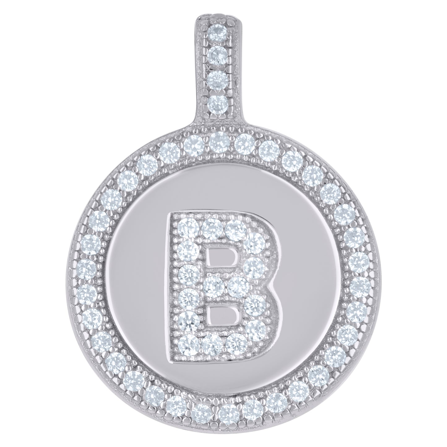 925 Sterling Silver Cz Pendant Disc Initial B