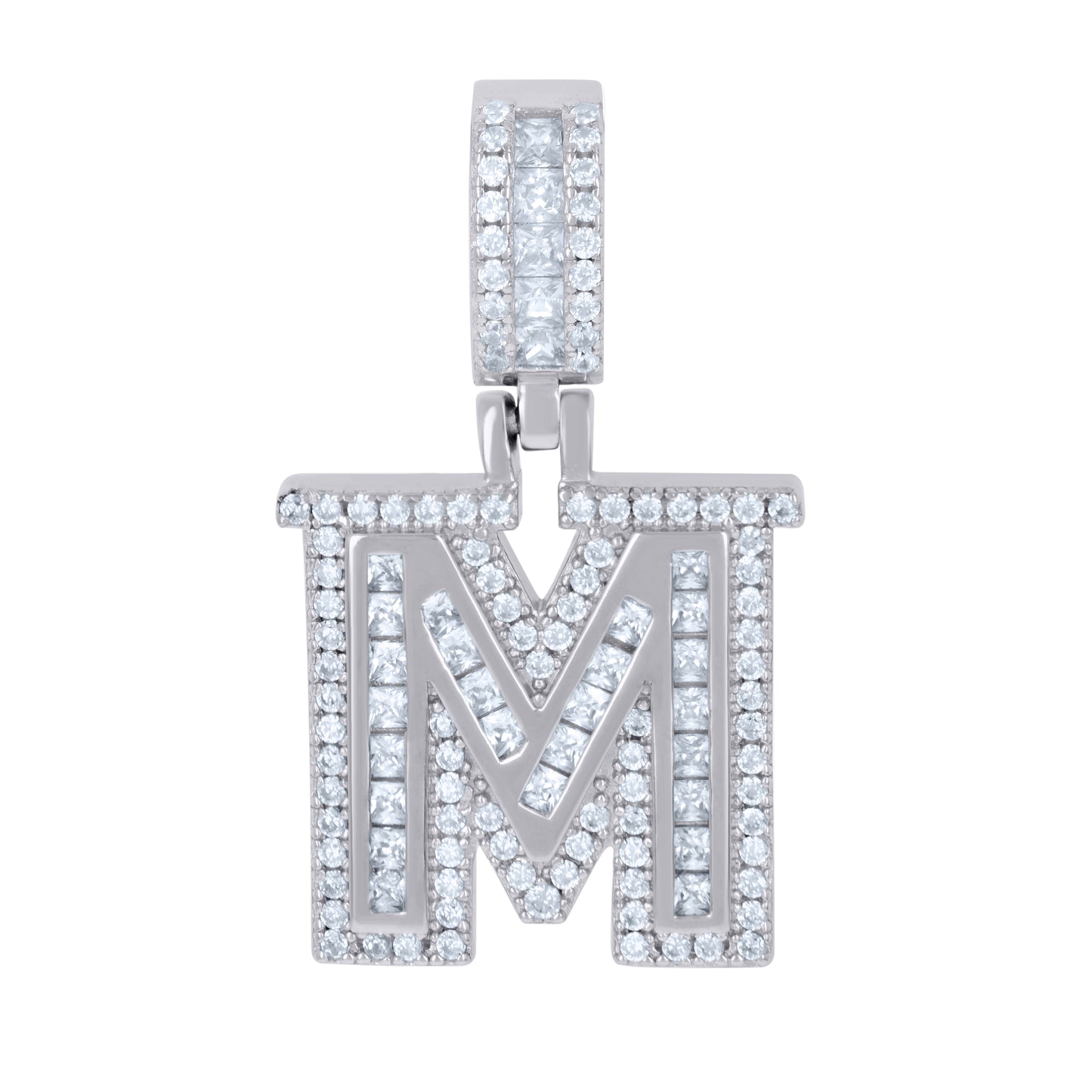 925 Sterling Silver Cz Pendant Initial Letter "M"