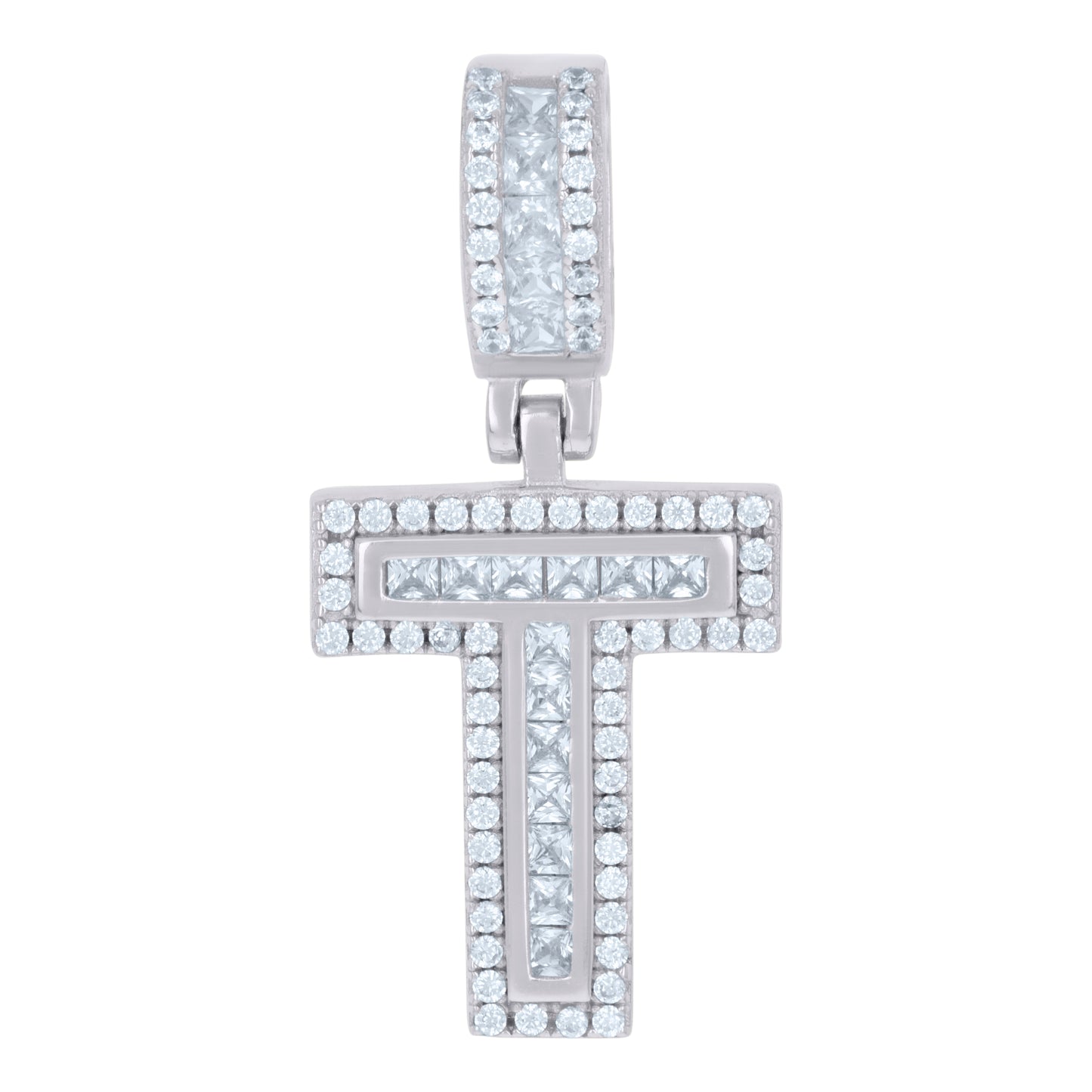 925 Sterling Silver Cz Pendant Initial Letter "T"