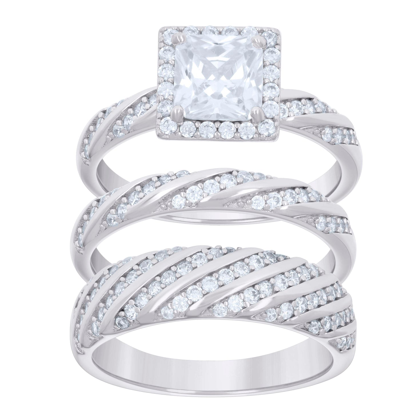 925 Sterling Silver Cz Trio Ring Set S6