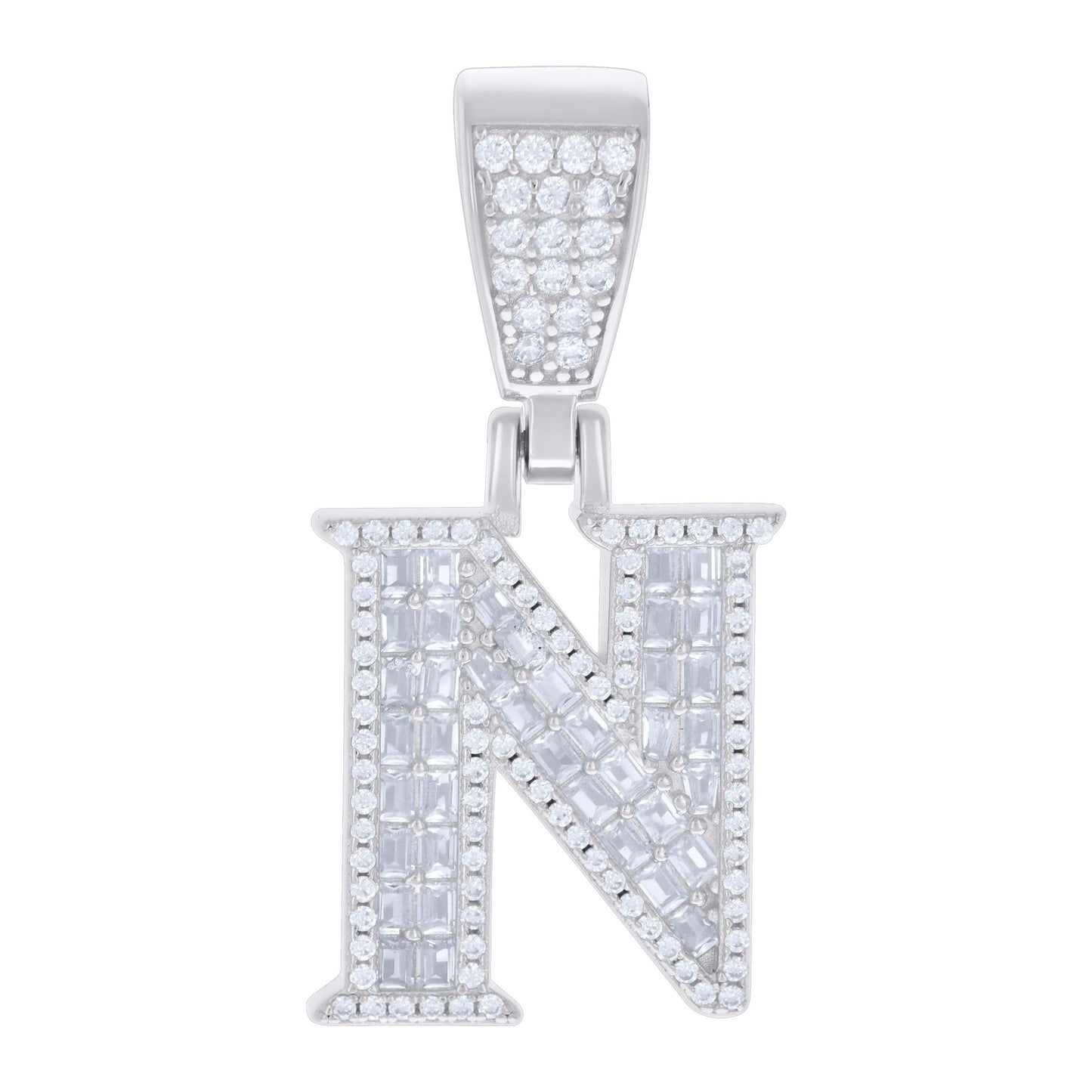 925 Sterling Silver Cz Pendant Initial Letter "N"