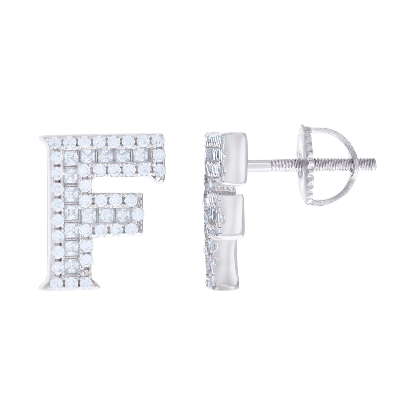 925 Sterling Silver Initial Cz Earring "F"