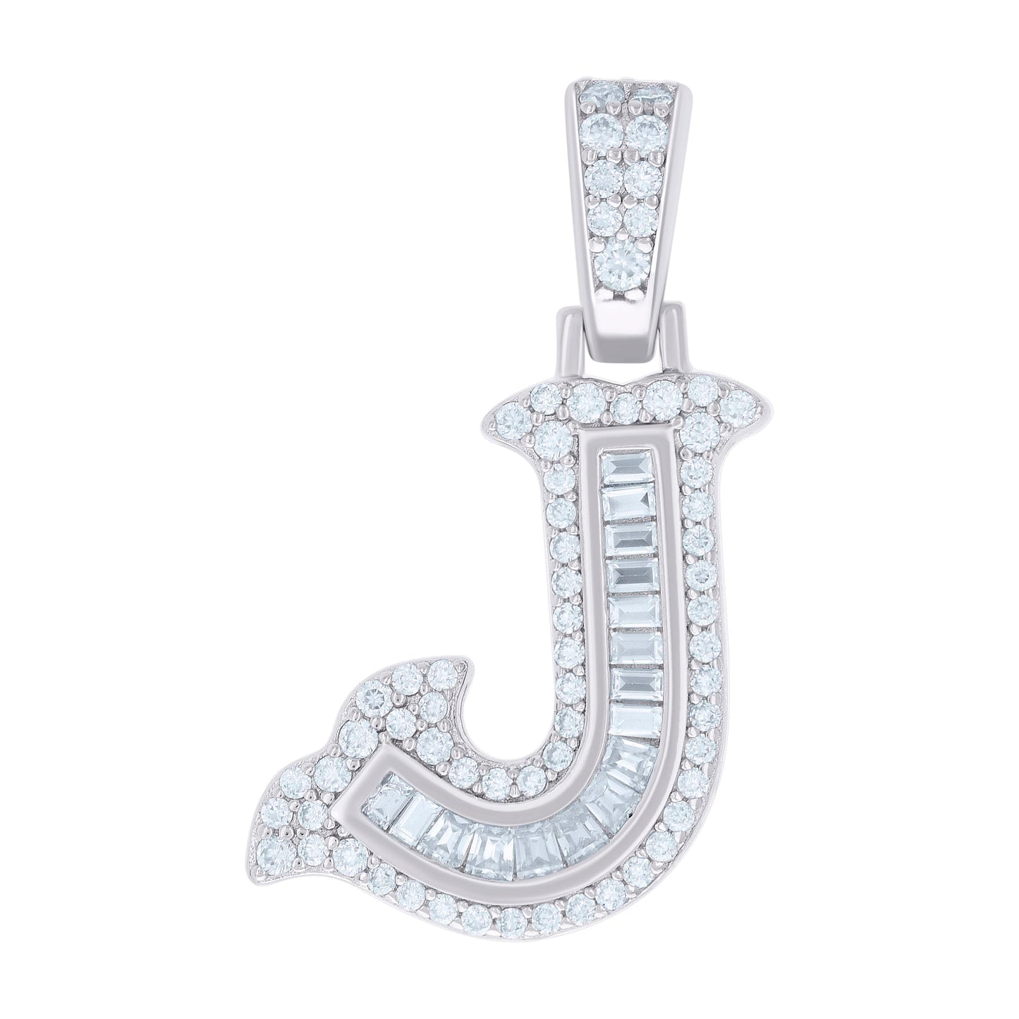 925 Silver Pendant "J" Moissanite 0.50Ct, Baguette