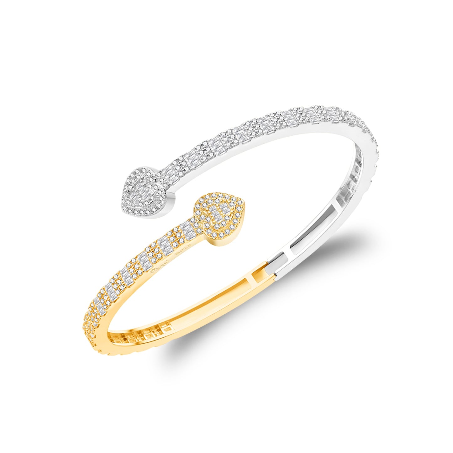 Sterling Silver Moissanite Round & Baguette Heart Shape Bangle Bracelet RP+GP 3 Cttw