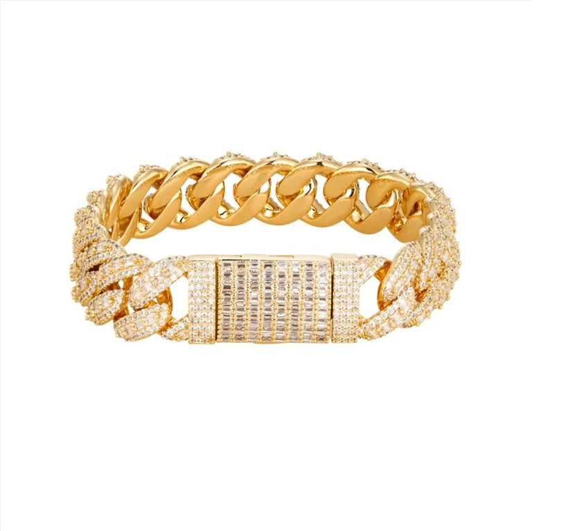 S.Silver 14mm Moissanite Miami Cuban Emerald 8 Inch Bracelet GP 13-7/8 Cttw