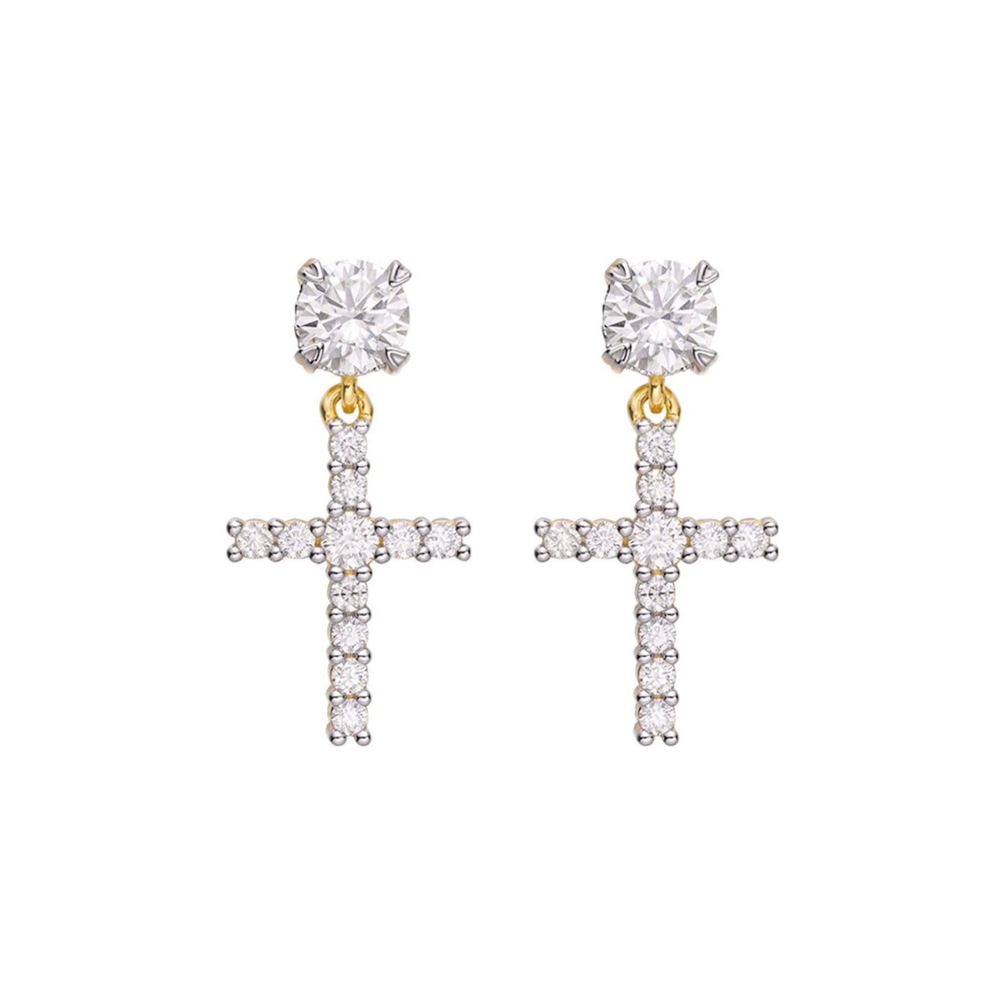 Sterling Silver Round Moissanite Cross Religious Stud Earrings RP+GP 7/8 Cttw