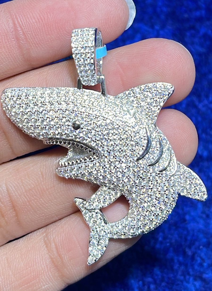 Sterling Silver Moissanite Shark Fish Animal Pendant RP 3-7/8 Cttw