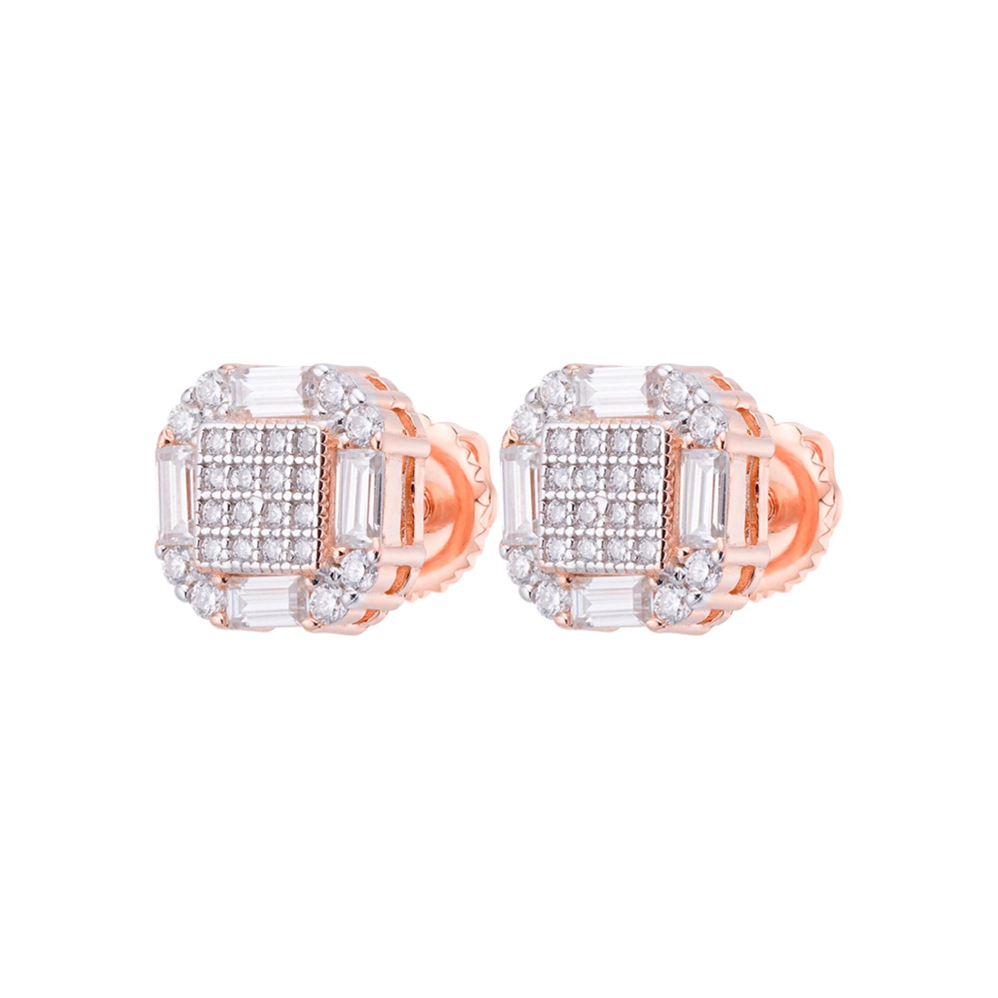 S.Silver Round Baguette Moissanite Square Shape Stud Earrings RP+PP 7/8 Cttw