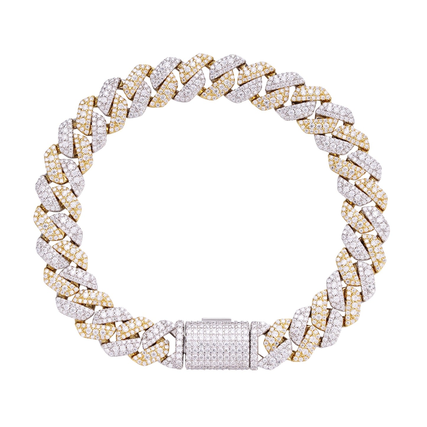 Sterling Silver Round Big Stone in Center Surrounded with Small Stones 10mm Moissanite Cuban Chain 8 Inch Bracelet RP+GP 6-7/8 Cttw