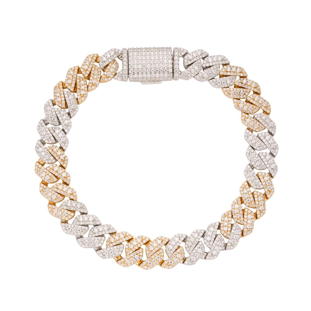 Sterling Silver Round Big Stone in Center Surrounded with Small Stones 10mm Moissanite Cuban Chain 8 Inch Bracelet RP+GP 6-7/8 Cttw