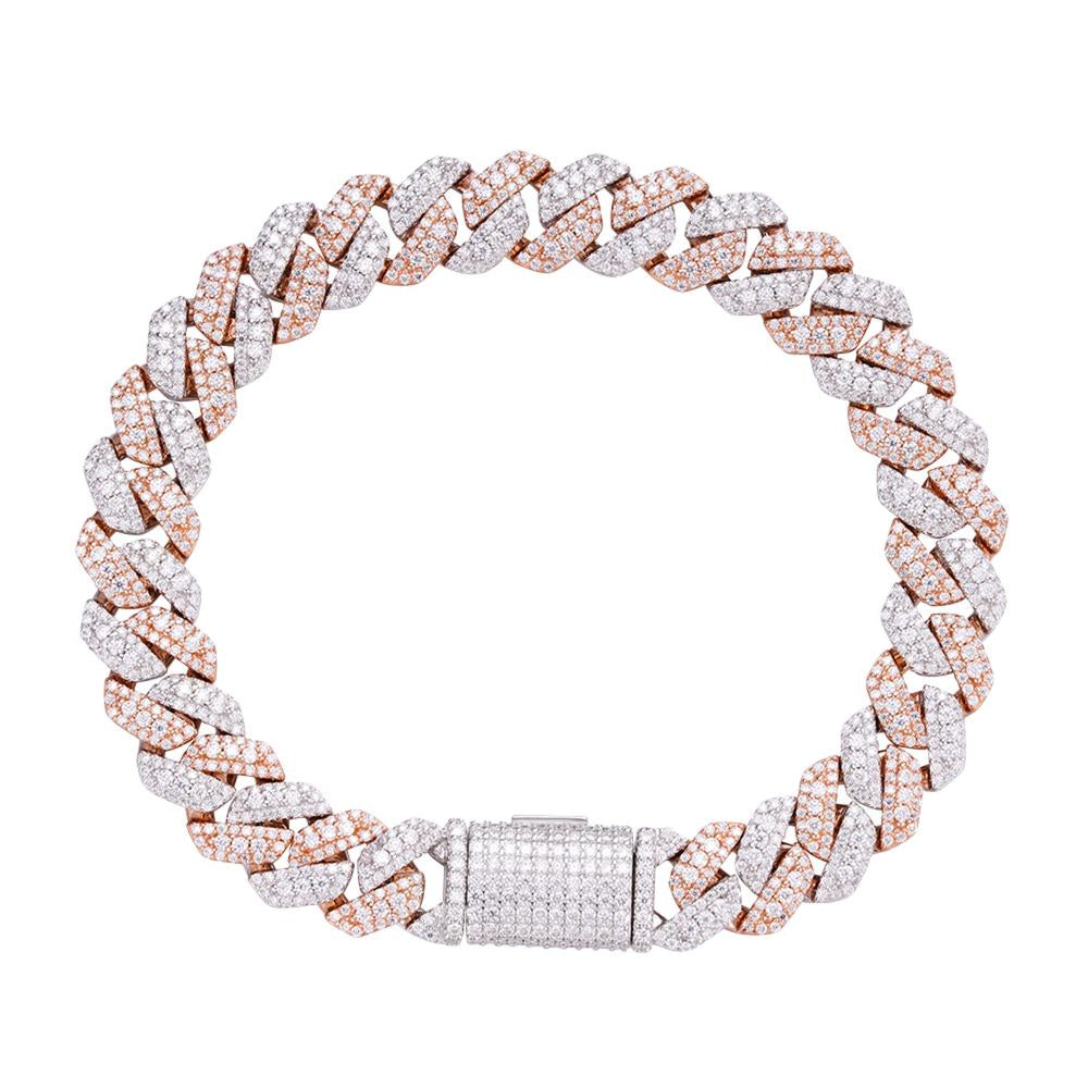 Sterling Silver Round Big Stone in Center Surrounded with Small Stones 10mm Moissanite Cuban Chain 8 Inch Bracelet RP+PP 6-7/8 Cttw