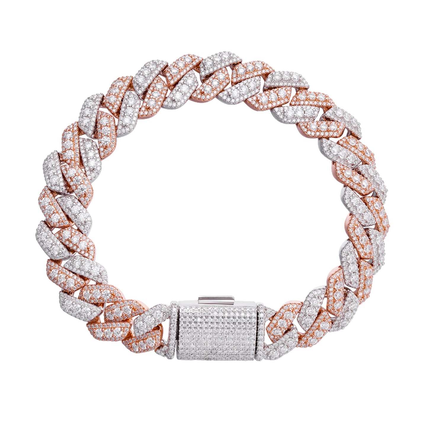 Sterling Silver Round Big Stone in Center Surrounded with Small Stones 12mm Moissanite Cuban Chain 8Inch Bracelet RP+PP 10-7/8 Cttw