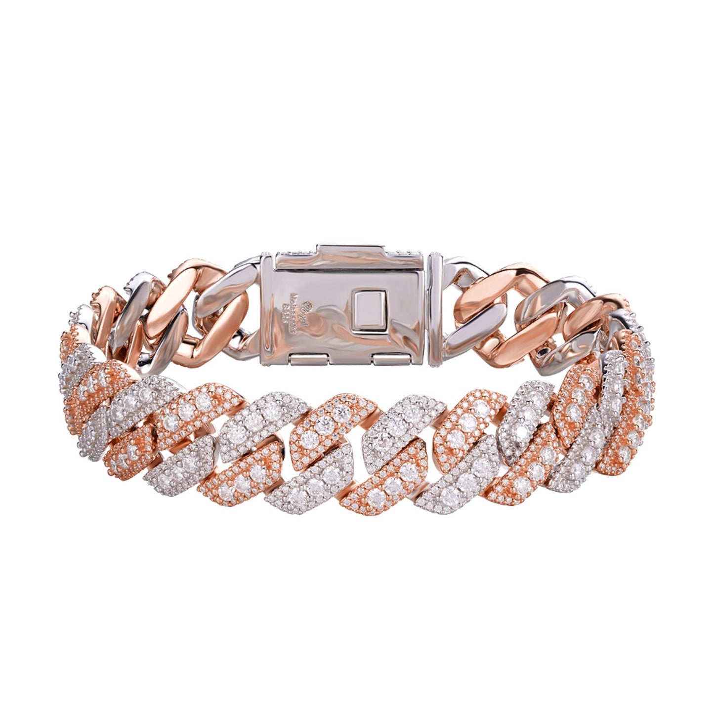 Sterling Silver Round Big Stone in Center Surrounded with Small Stones 14mm Moissanite Cuban Chain 8.5 Inch Bracelet RP+PP 12-3/4 Cttw