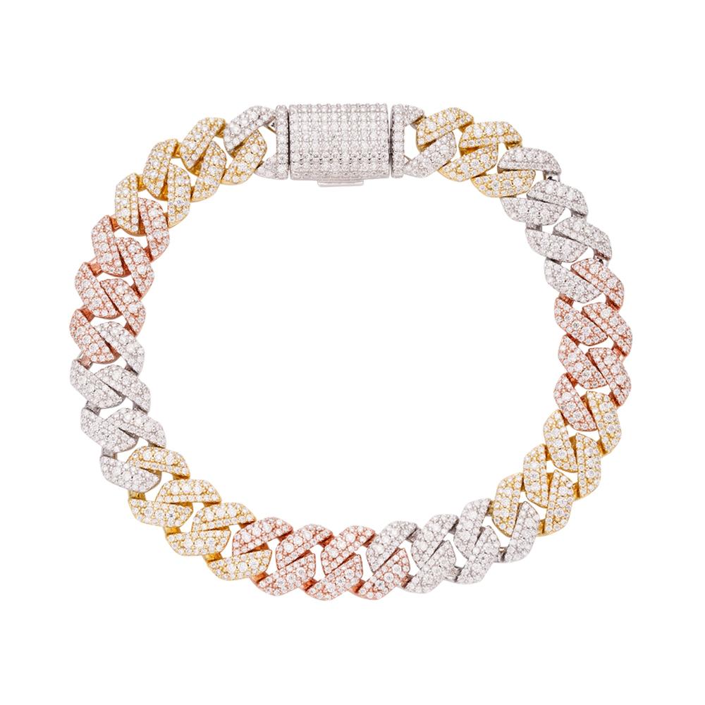 S.Silver Round Big Stone in Center Surrounded with Small Stones 10mm Moissanite Cuban Chain 8Inch Bracelet RP+GP+PP 6-7/8 Cttw