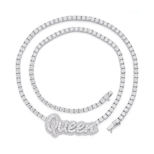 Sterling Silver Round Moissanite Queen Word Designer 18 Inch Necklace RP 15-5/8 Cttw