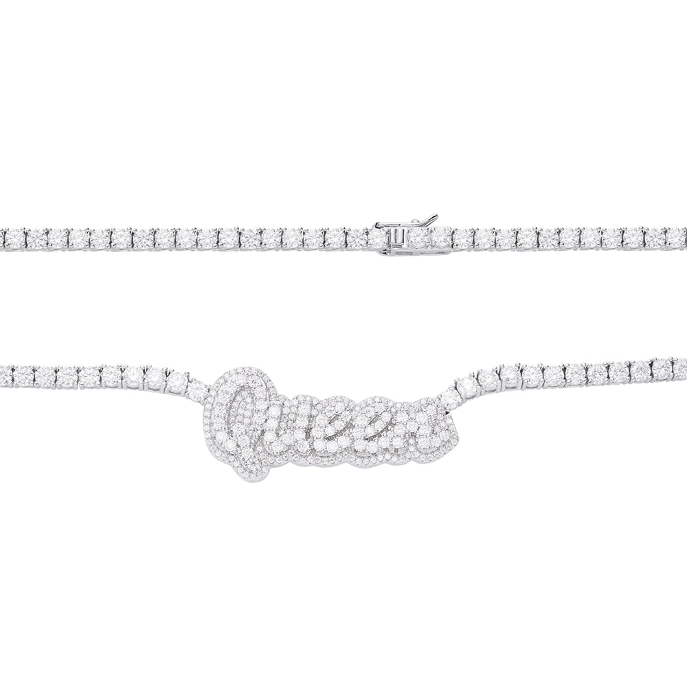 Sterling Silver Round Moissanite Queen Word Designer 18 Inch Necklace RP 15-5/8 Cttw