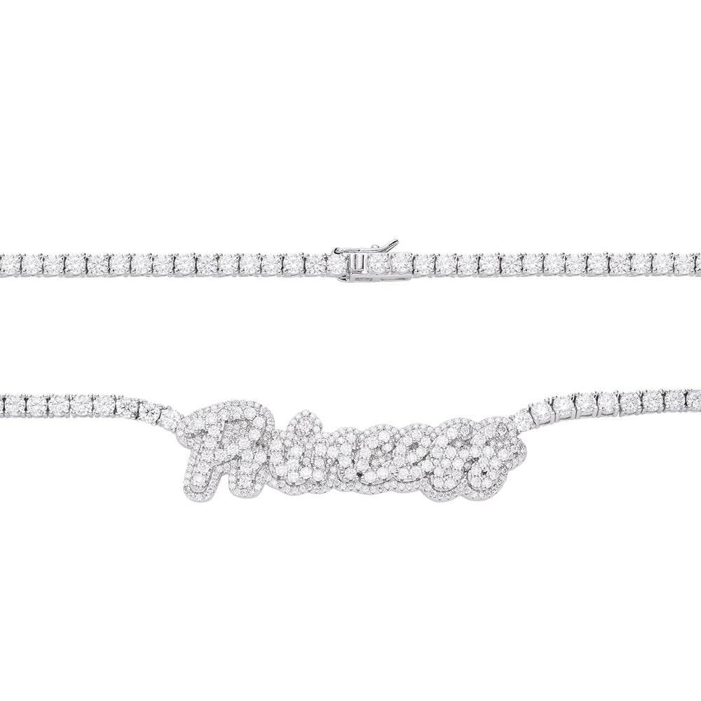 Sterling Silver Round Moissanite Princess Word Designer 18 Inch Necklace RP 15-3/4 Cttw