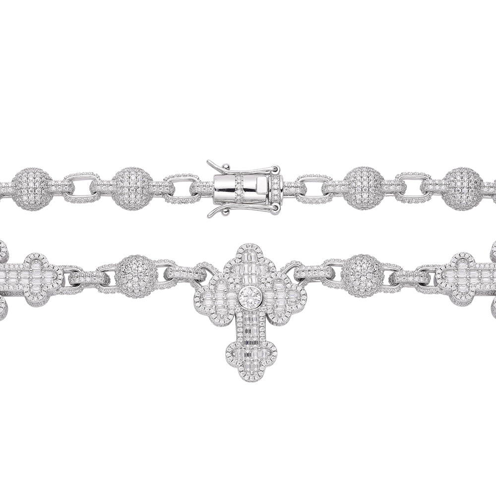 Sterling Silver Round Baguette Moissanite Cross Religious 22 Inch Necklace RP 38-1/3 Cttw