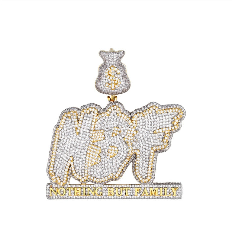 S.Silver Round Moissanite Nothing But Family Word Dollar Bag Pendant RP+GP 18-1/3 Cttw