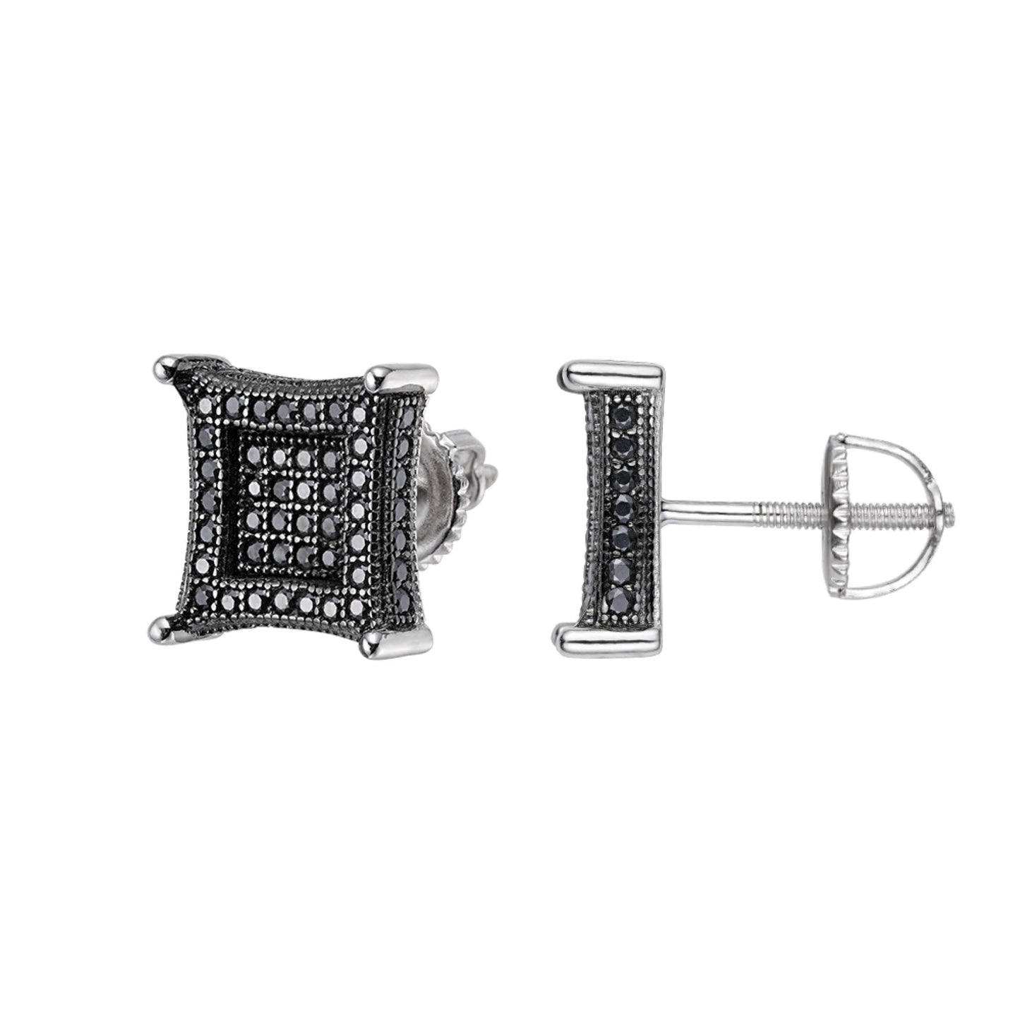 Sterling Silver Round Black Moissanite Square Shape Stud Earrings BP+RP 7/8 Cttw