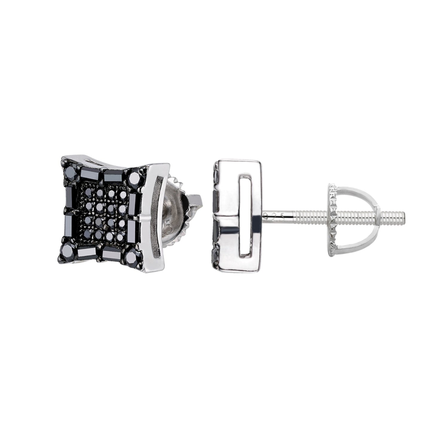Sterling Silver Round Baguette Black Moissanite Square Shape Stud Earrings BP+RP 5/8 Cttw