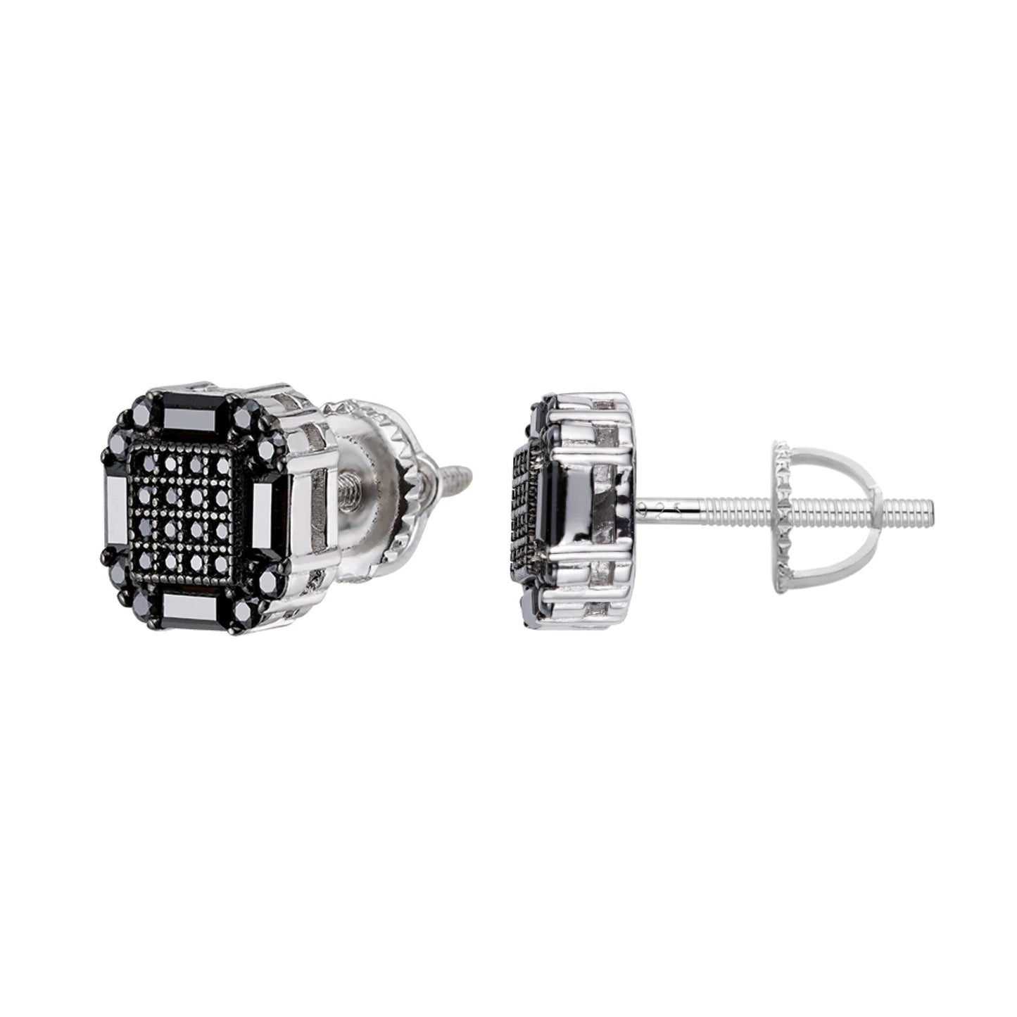 Sterling Silver Round Baguette Black Moissanite Square Shape Stud Earrings BP+RP 7/8 Cttw