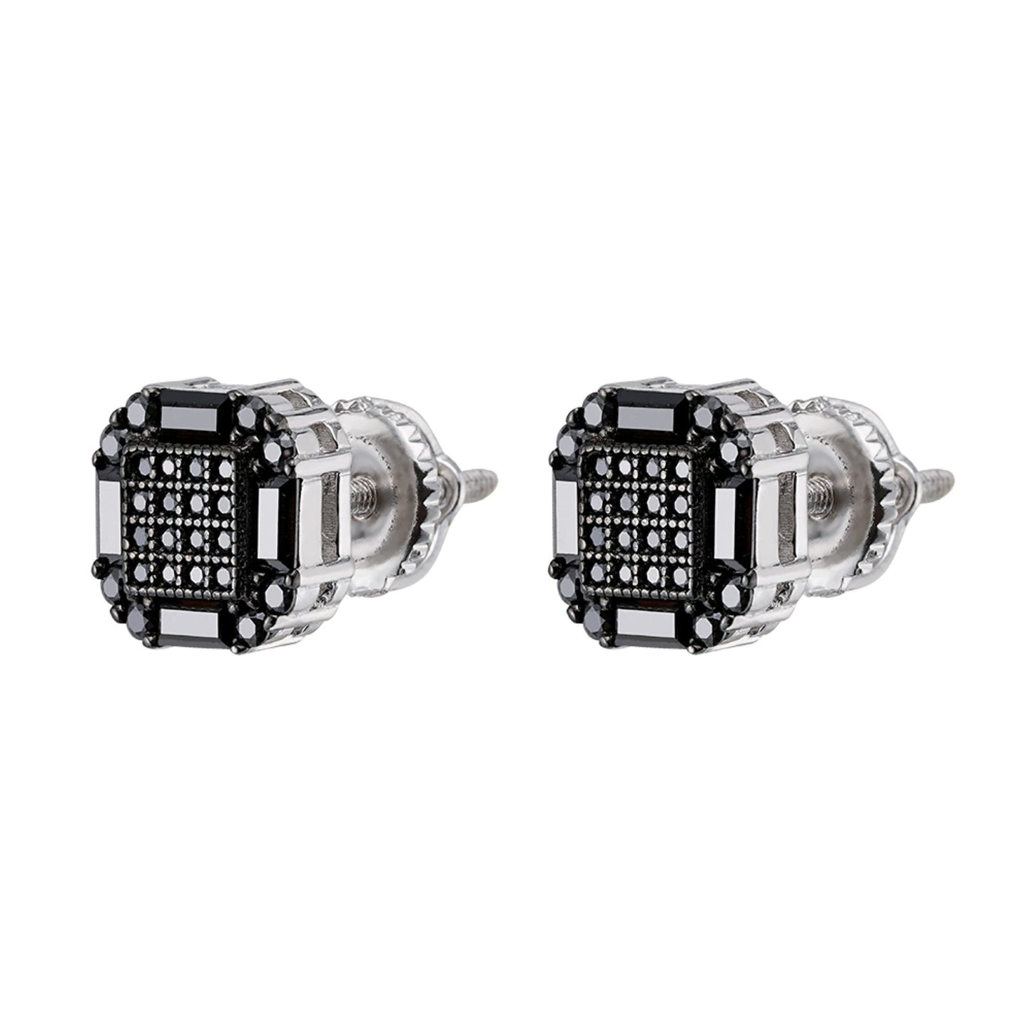 Sterling Silver Round Baguette Black Moissanite Square Shape Stud Earrings BP+RP 7/8 Cttw