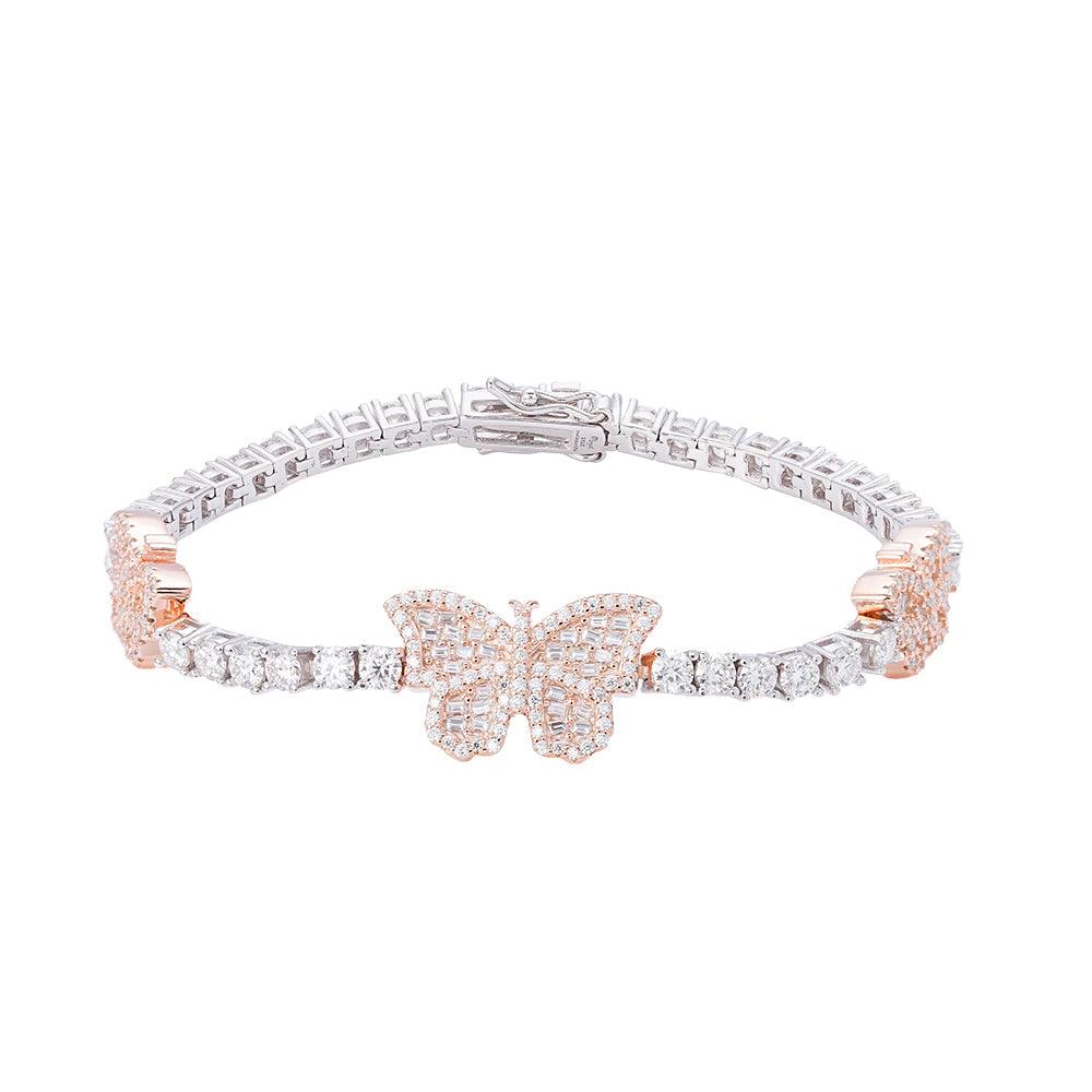 Sterling Silver Round Baguette 3mm Tennis Moissanite Butterfly Designer 7Inch Bracelet RP+PP 6 Cttw
