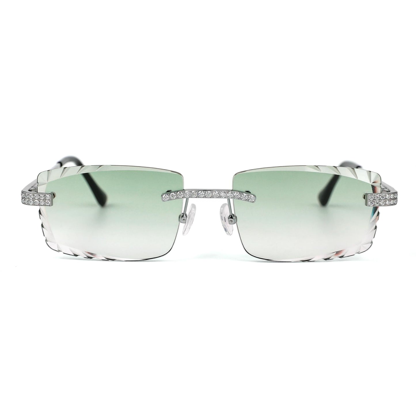 Sterling Silver Round Moissanite Cartier Square Shape Green Lens Wooden Glasses RP 2-1/3 Cttw