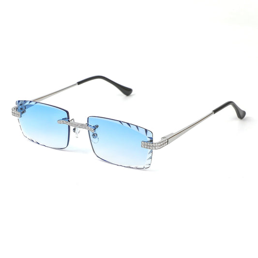 Sterling Silver Round Moissanite Cartier Square Shape Blue Lens Wooden Glasses RP 2-1/3 Cttw