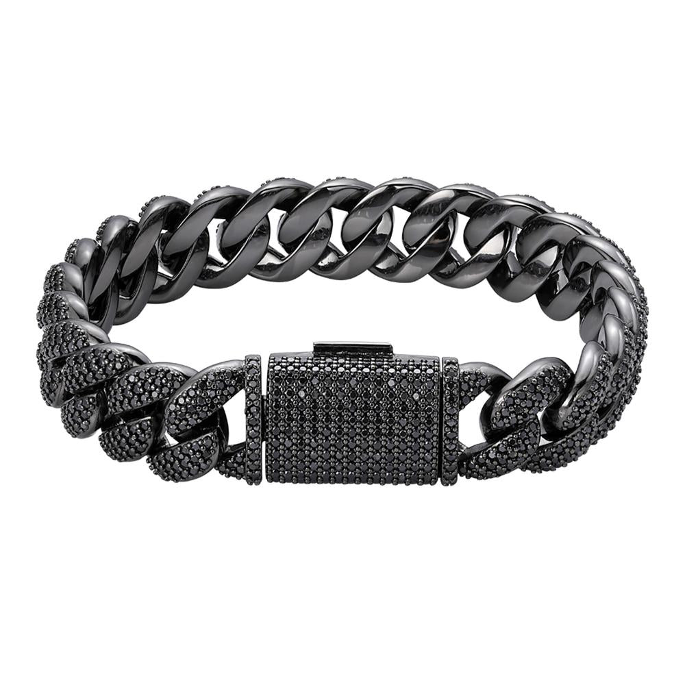 S.Silver 15mm Round Black Moissanite Miami Cuban 8.5 Inch Mens Bracelet BP+BP 12-1/10 Cttw