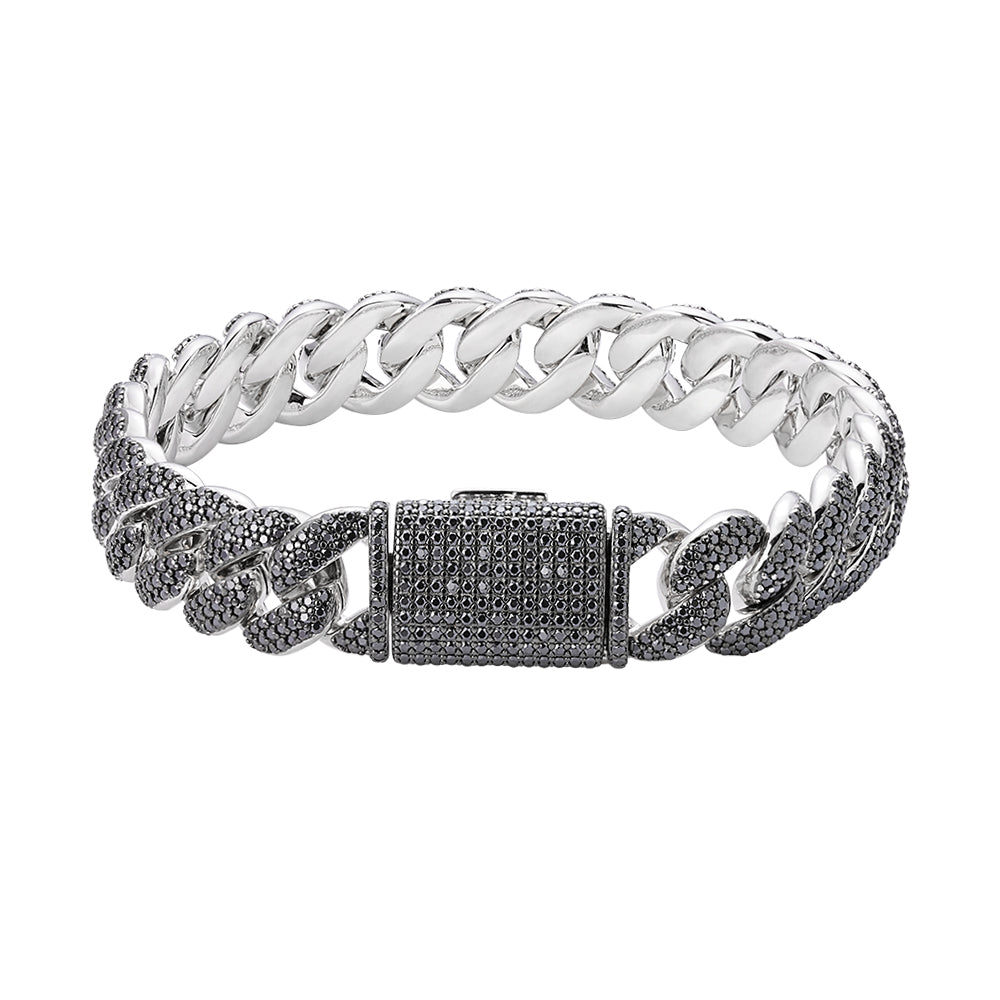 Sterling Silver 12mm Round Black Moissanite Miami Cuban 8 Inch Mens Bracelet RP+BP 7-3/4 Cttw