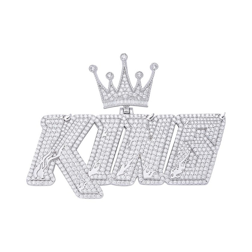 Sterling Silver Round Baguette Moissanite Crown KING Word Pendant RP 6-5/8 Cttw