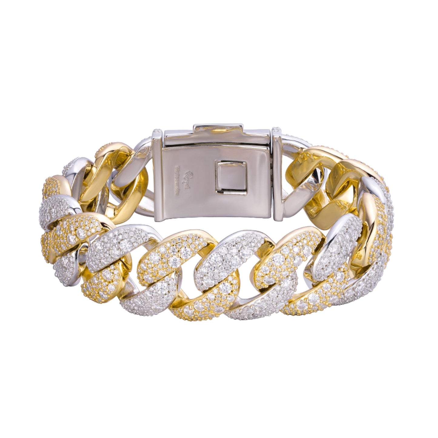 Sterling Silver Round 22mm Moissanite Miami Cuban 8.5 Inch Mosaic Setting Bracelet RP+GP 26 Cttw