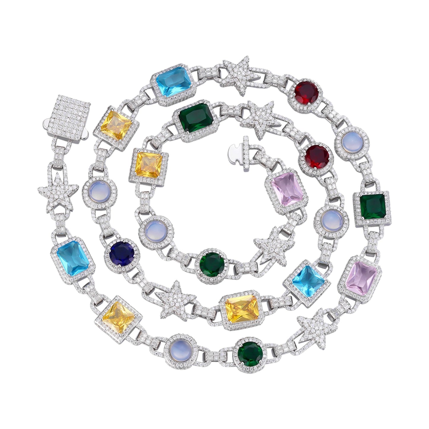Sterling Silver Round Moissanite Star with Color Stone Designer 22 Inch Necklace RP 15-1/2 Cttw