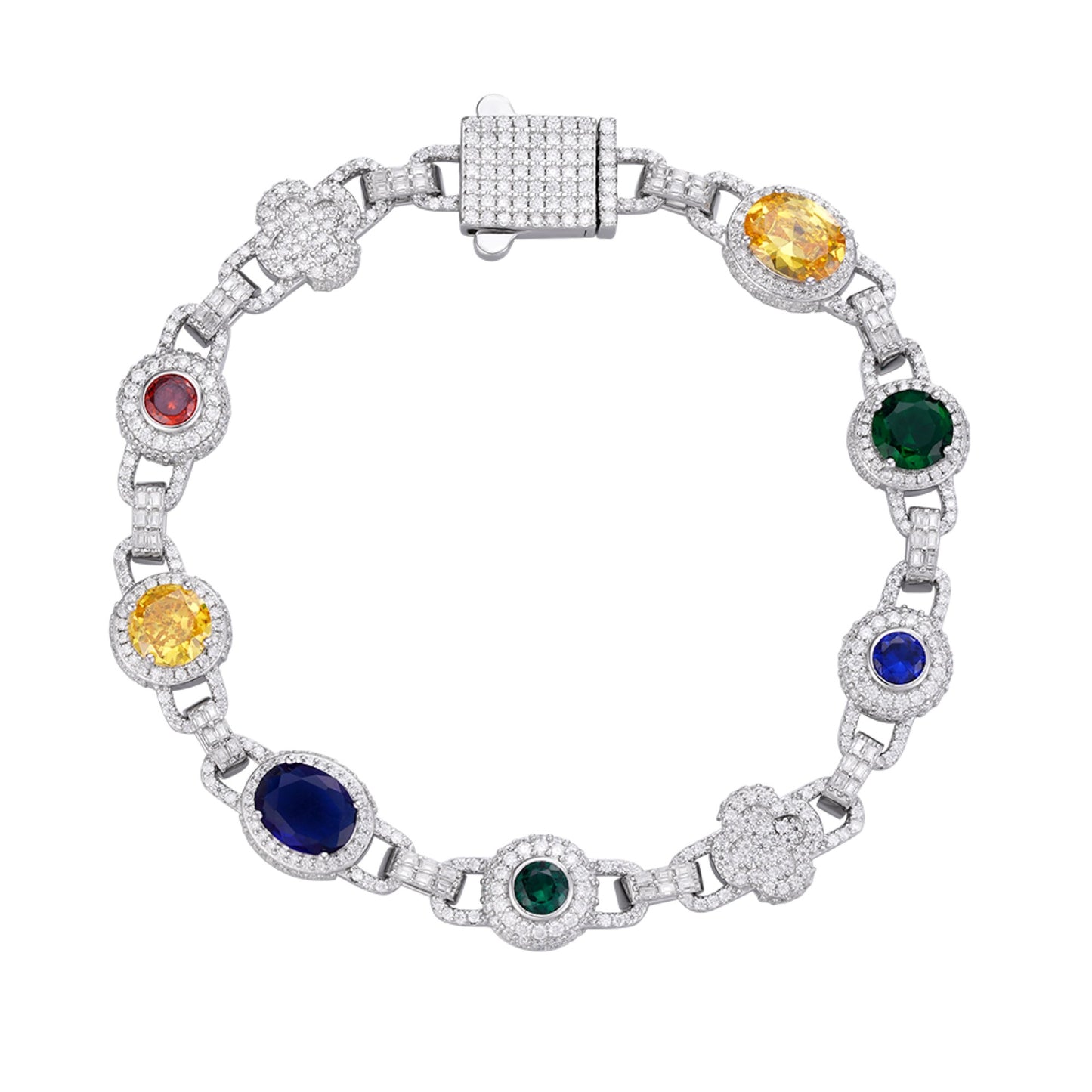 S.Silver Round Moissanite with Color Stone Designer 8 Inch Bracelet RP 4-7/8 Cttw