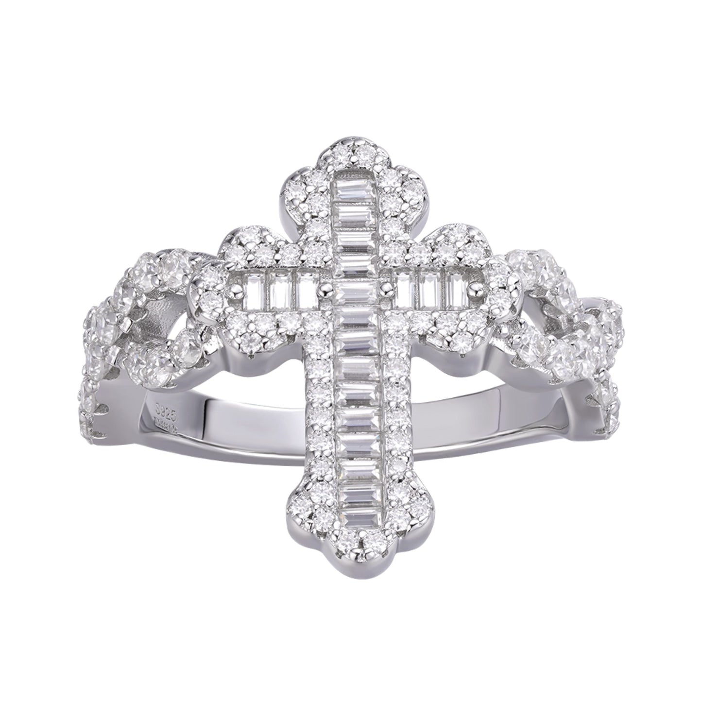 Sterling Silver Round Baguette Moissanite Cross Religious SZ 9 Ring RP 1-5/8 Cttw