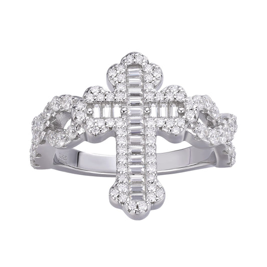 Sterling Silver Round Baguette Moissanite Cross Religious SZ 9 Ring RP 1-5/8 Cttw