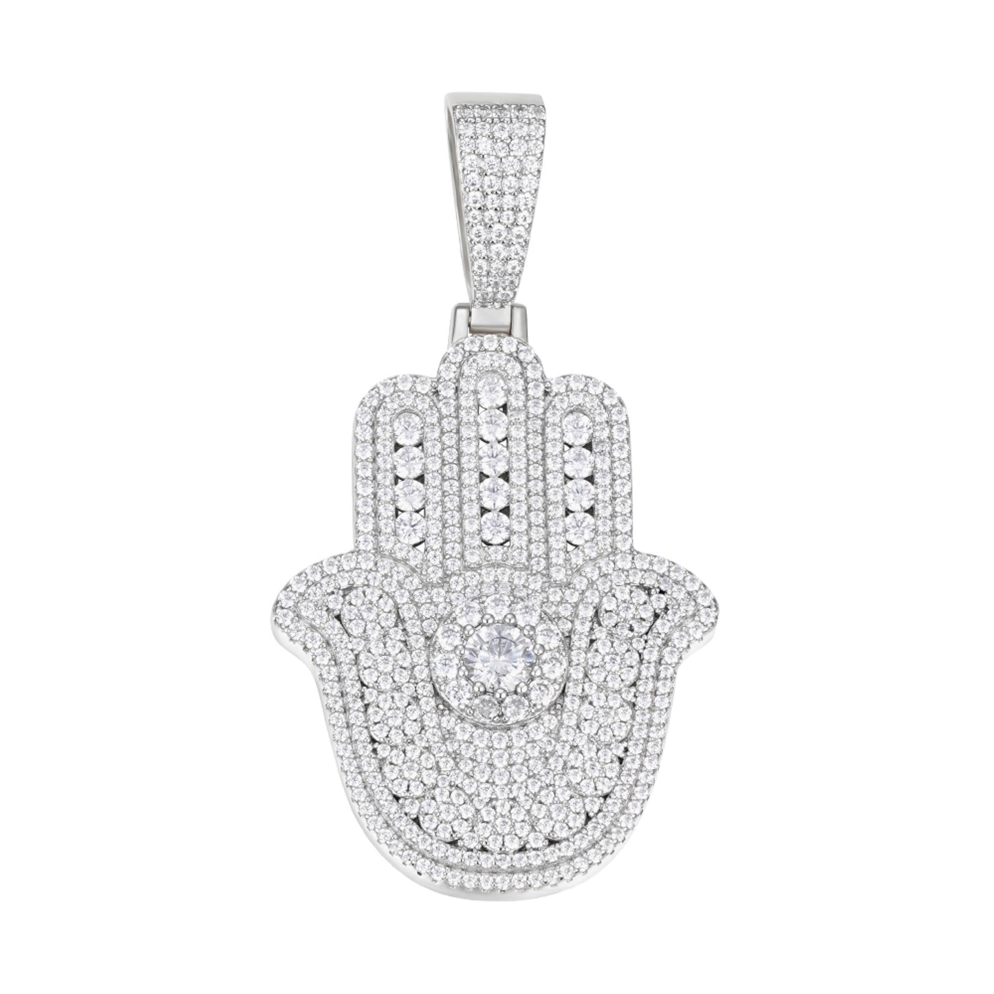 Sterling Silver Round Moissanite Hamza Hand Religious Pendant RP 4-3/8 Cttw