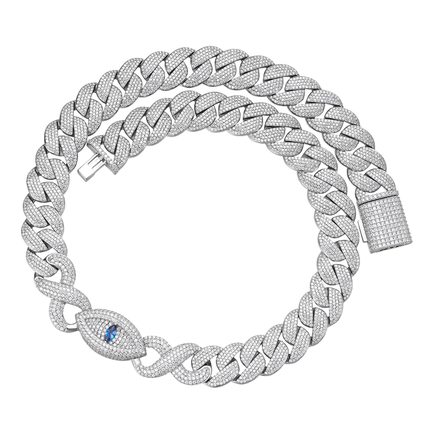 Sterling Silver Round Moissanite 18mm Inifinity Cuban With Evil Eye Designer 22 Inch Mens Necklace RP 35-3/4 Cttw