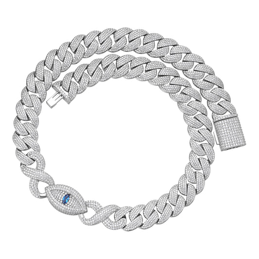 Sterling Silver Round Moissanite 18mm Inifinity Cuban With Evil Eye Designer 22 Inch Mens Necklace RP 35-3/4 Cttw