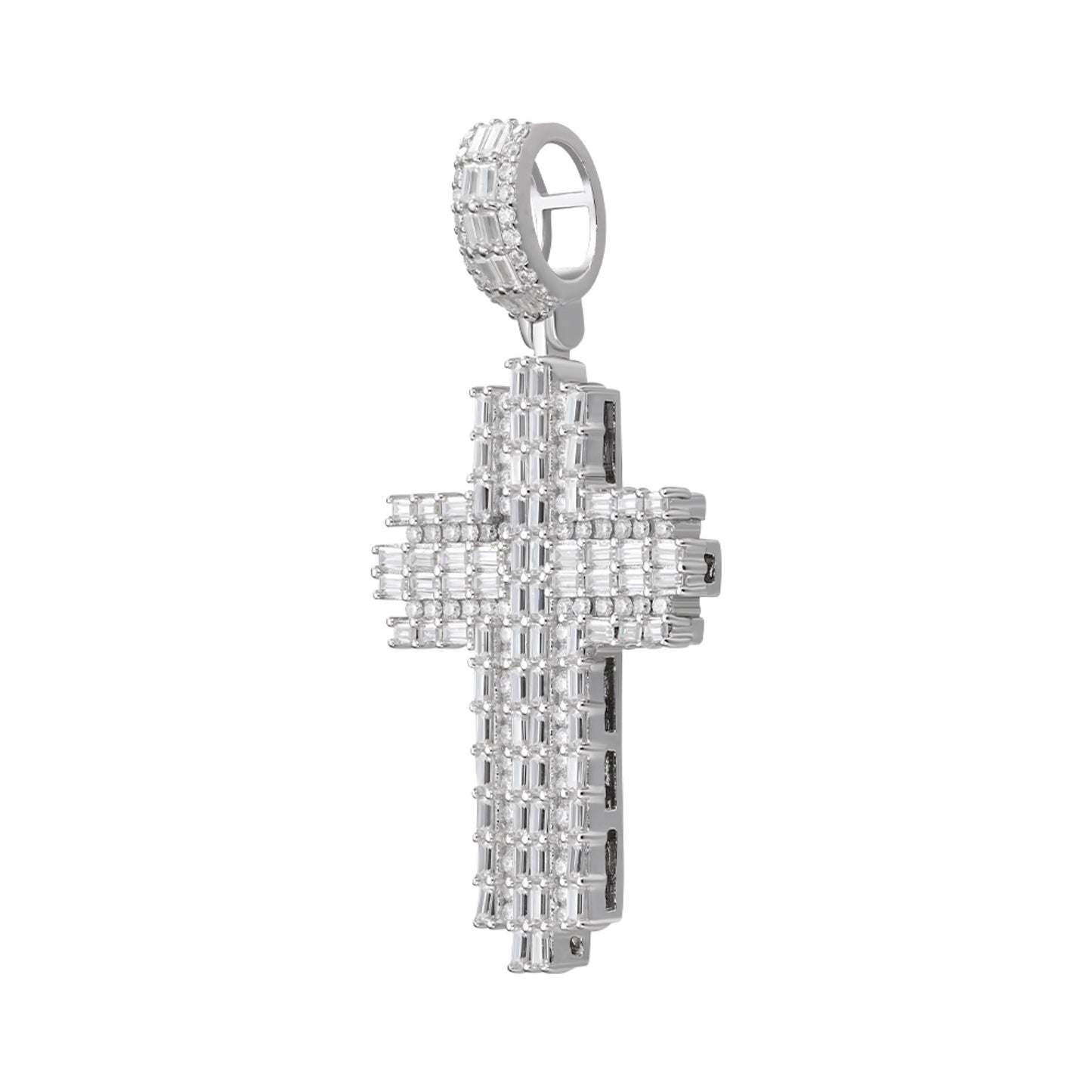 Sterling Silver 30mm Round Baguette Moissanite Cross Religious Pendant RP 2-3/4 Cttw