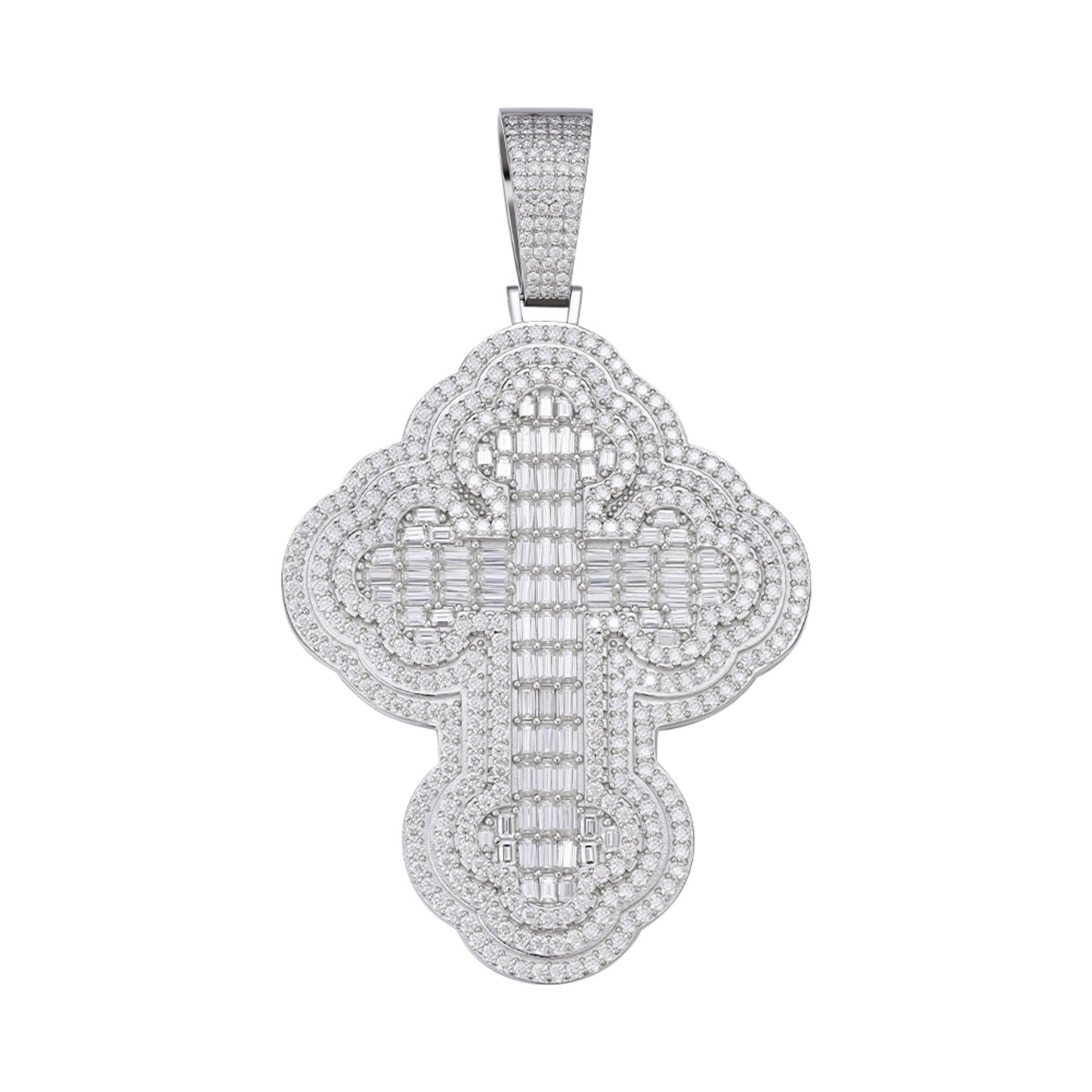 Sterling Silver Round Baguette Moissanite Cross Religious Pendant RP 23-1/4 Cttw