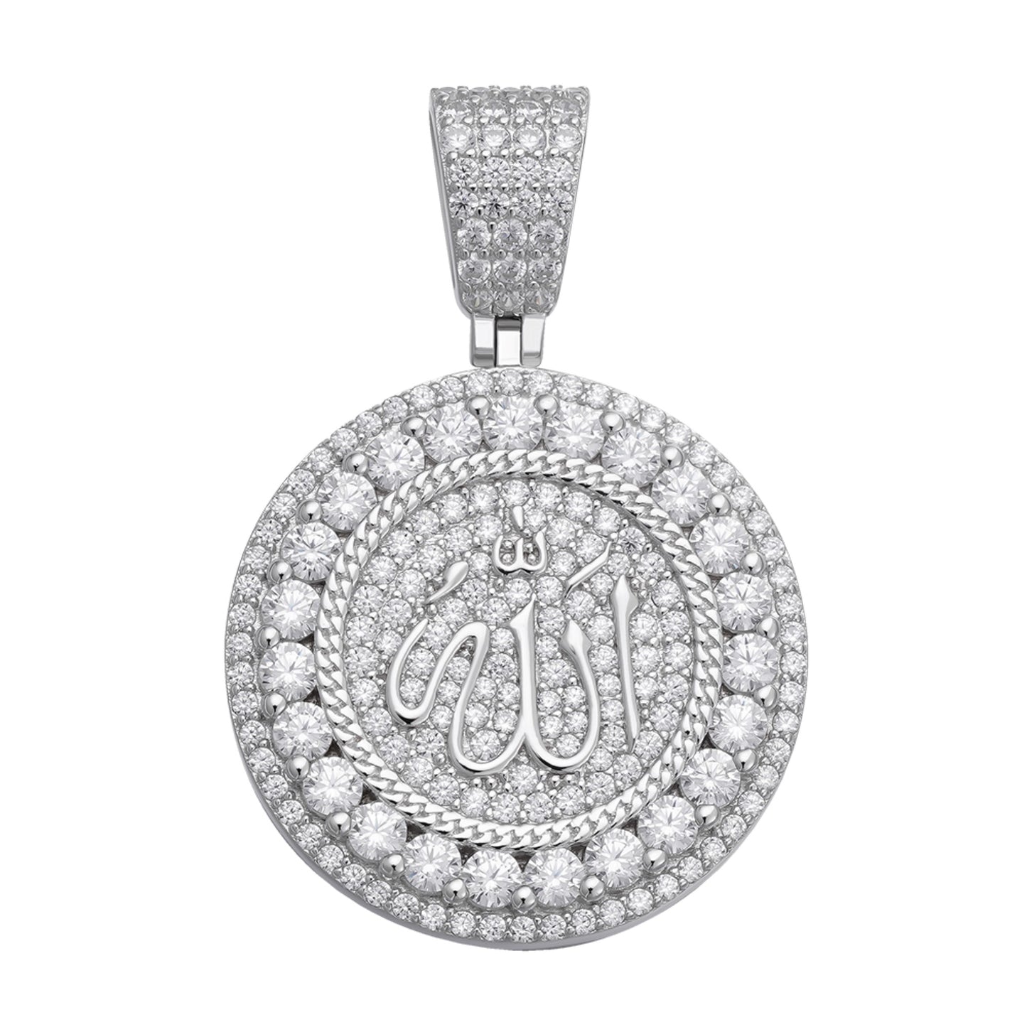 Sterling Silver 35mm Round Moissanite Muslim God Allah Religious Pendant RP 8 Cttw