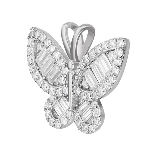 Sterling Silver Round Baguette Moissanite Butterfly Animal Pendant RP 1-7/8 Cttw