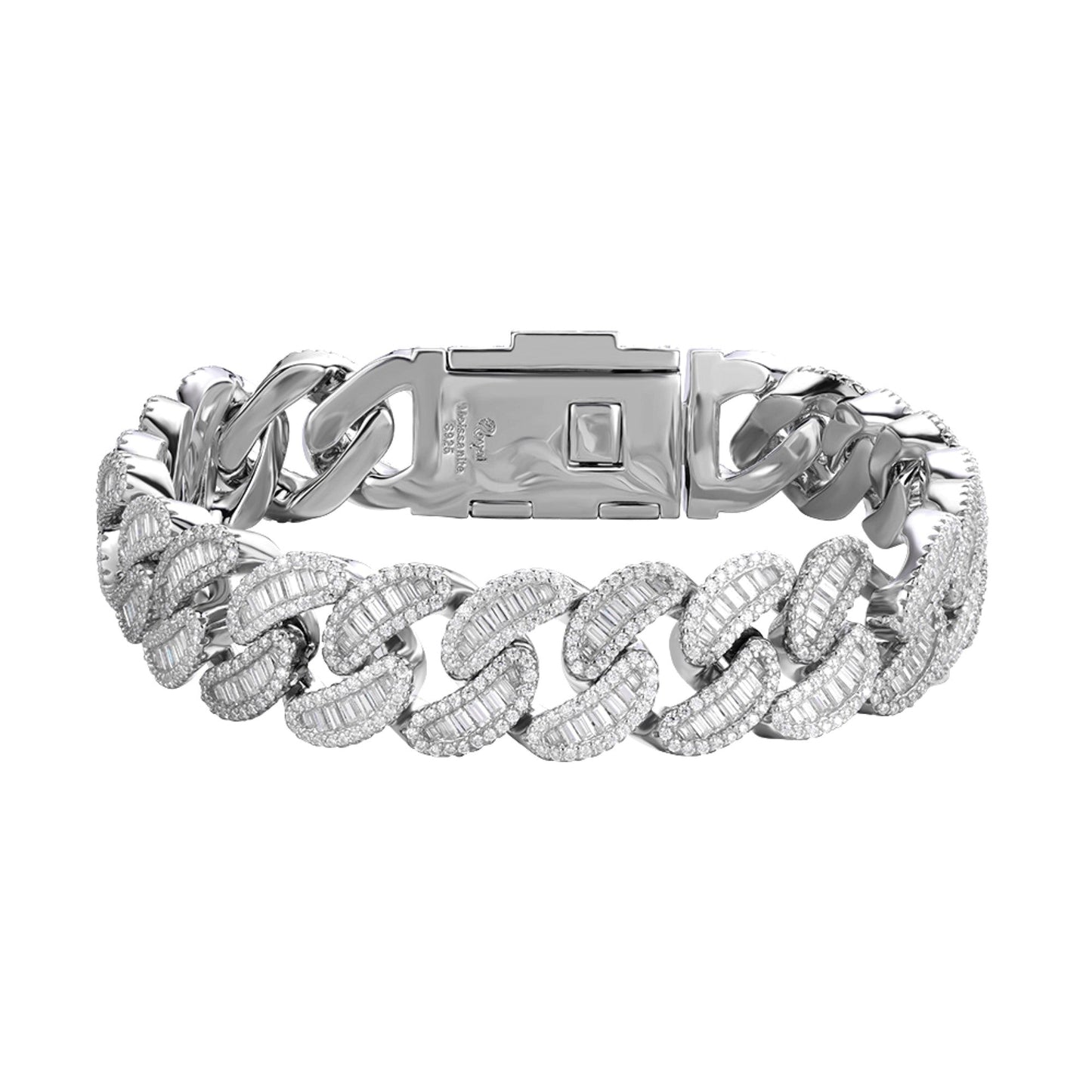Sterling Silver Round 15mm Moissanite Round and Baguette in Centre Cuban 8.50 Inch Bracelet RP