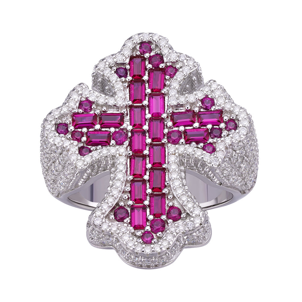 Sterling Silver Round Moissanite With Red CZ Mens Cross Religious SZ 10 Ring RP 2-5/8 Cttw