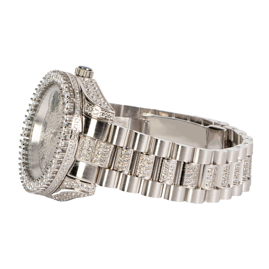 Moissanite Stainless Steel Mens White Steel Band Watch